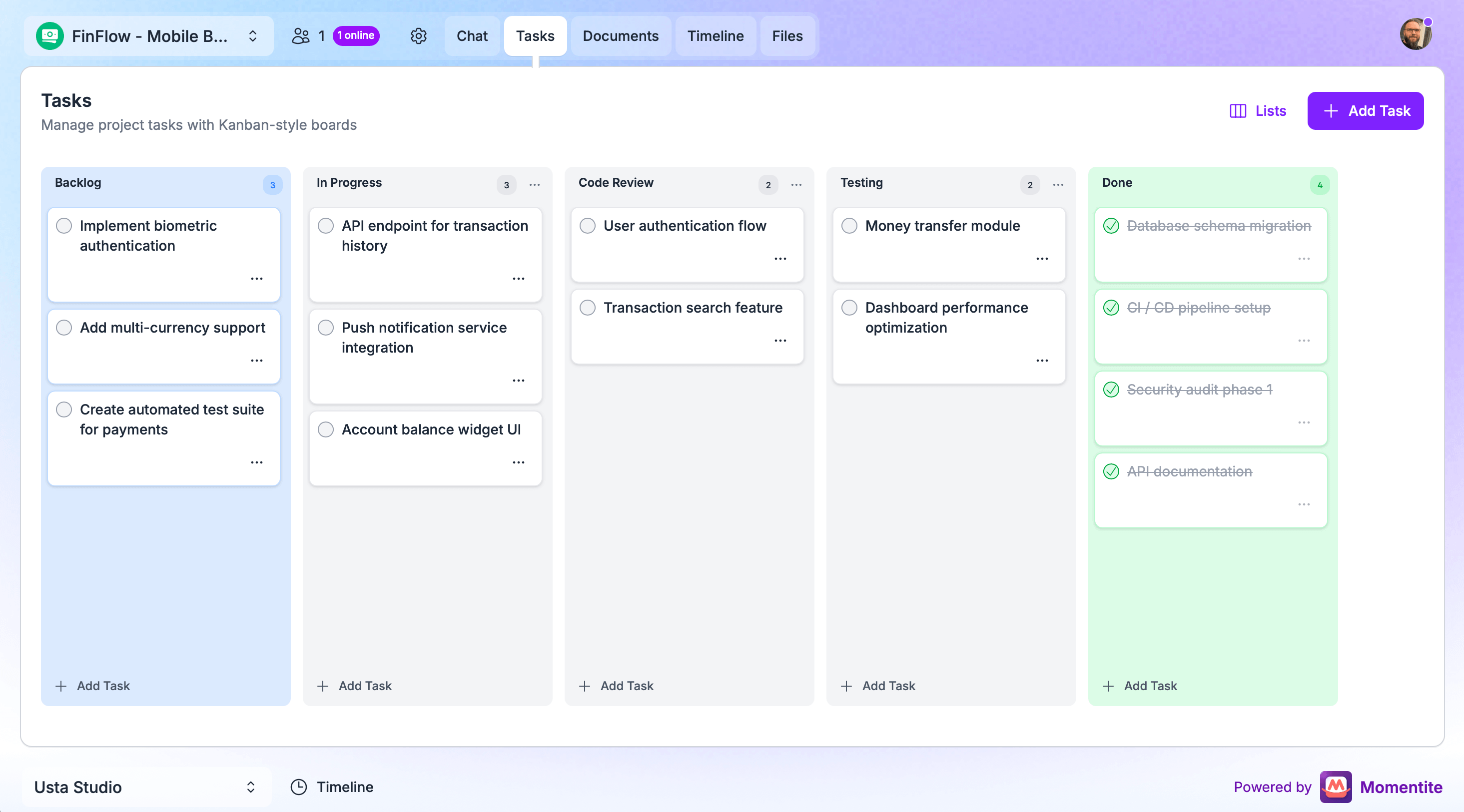 Momentite Tasks Interface